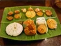 A meal served on a banana leaf