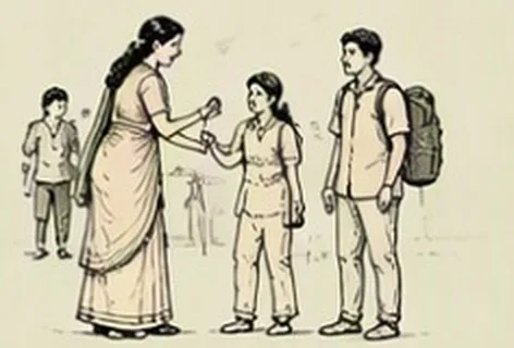 Line drawing of a woman in a saree greeting a visiting family